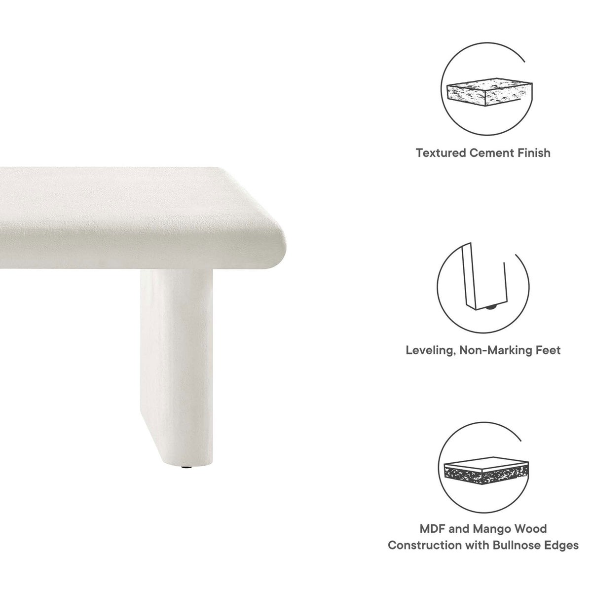 Concrete-textured finish, leveling non-marking feet, and MDF and mango wood construction with bullnose edges. || EEI-6578-WHI || callout_studio