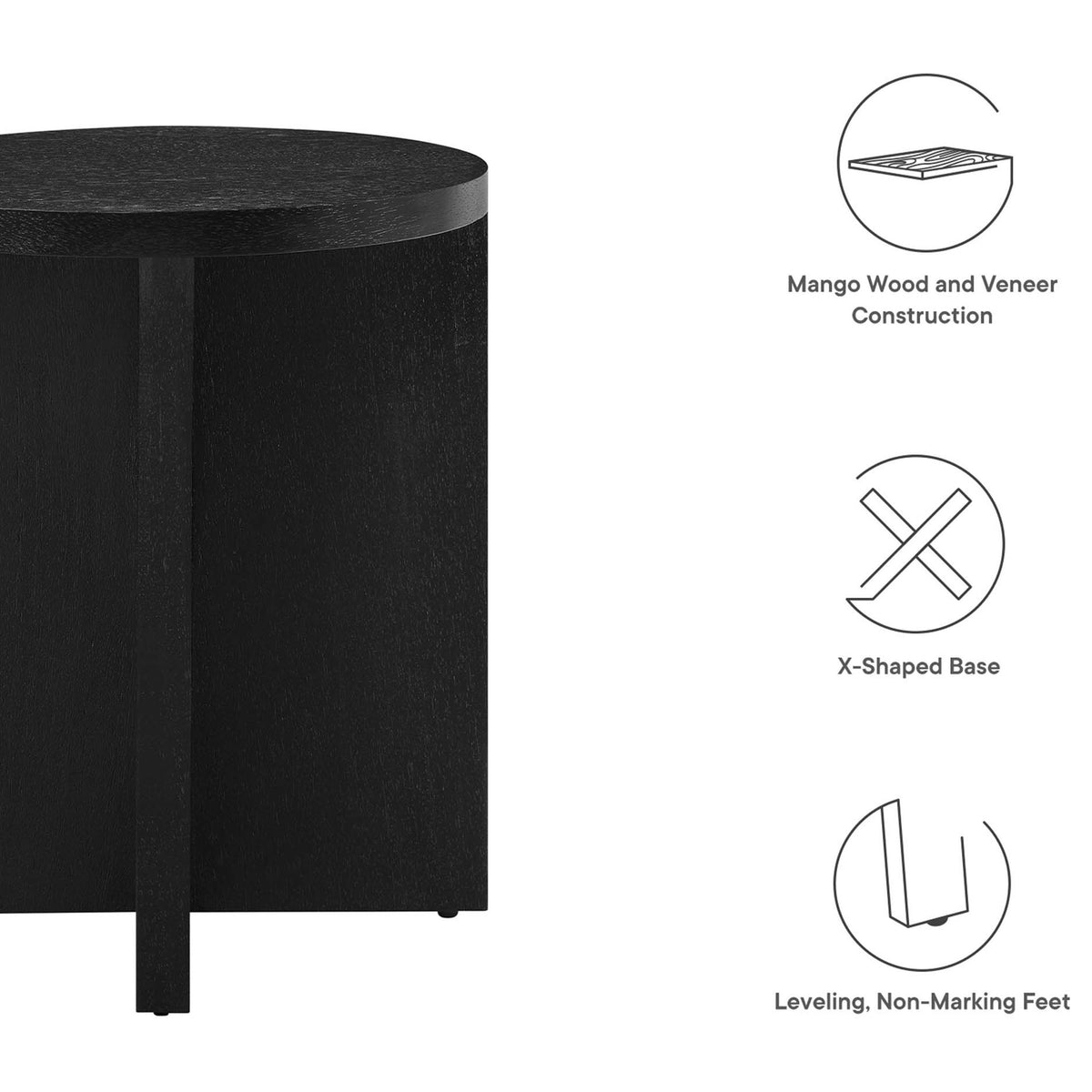Black round side table shown with icons highlighting mango wood construction, X base, and leveling feet || EEI-6579-BLK || callout_studio