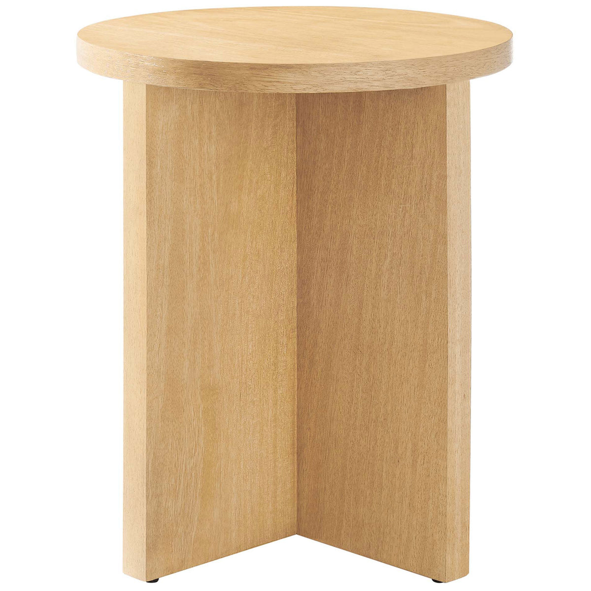 Natural wood round side table with sculptural intersecting base || EEI-6579-NAT || front_angle_studio