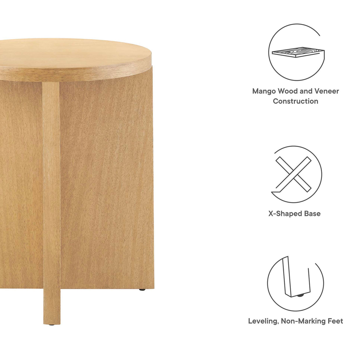 Mango wood veneer side table with X shaped base and non marking leveling feet || EEI-6579-NAT || callout_studio