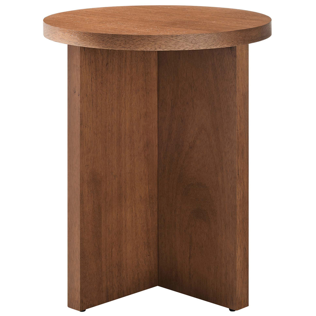 Compact walnut accent table showcasing the sculptural X-shaped base and rich walnut tone || EEI-6579-WAL || front_angle_studio