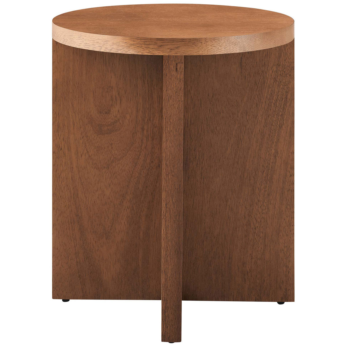 Walnut round side table with sleek mango wood grain and a bold intersecting X-base || EEI-6579-WAL || front_studio