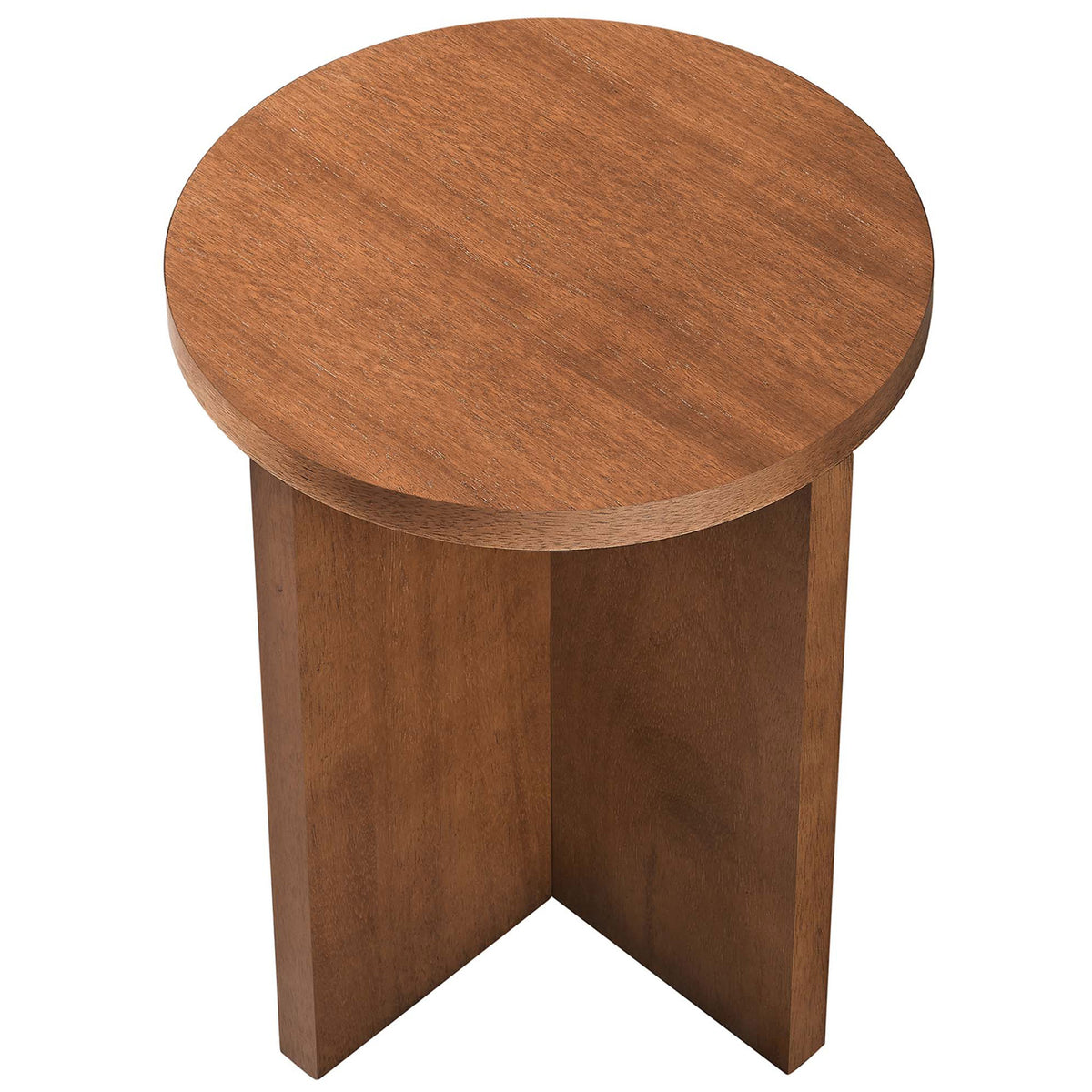 Round walnut tabletop with a smooth mango wood finish and distinctive natural grain pattern || EEI-6579-WAL || top_angle_studio