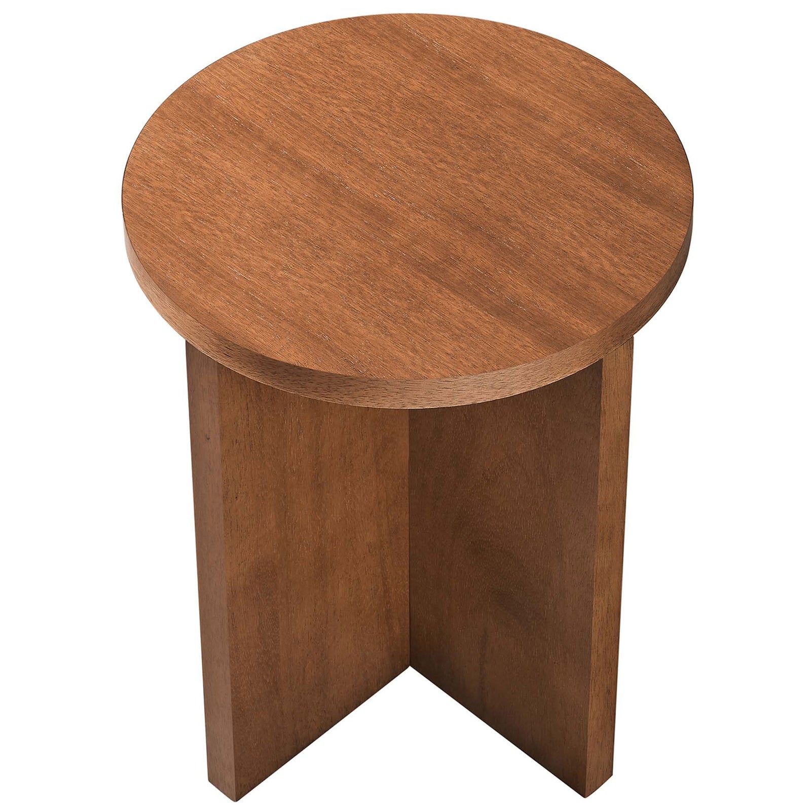 Round walnut tabletop with a smooth mango wood finish and distinctive natural grain pattern || EEI-6579-WAL || top_angle_studio