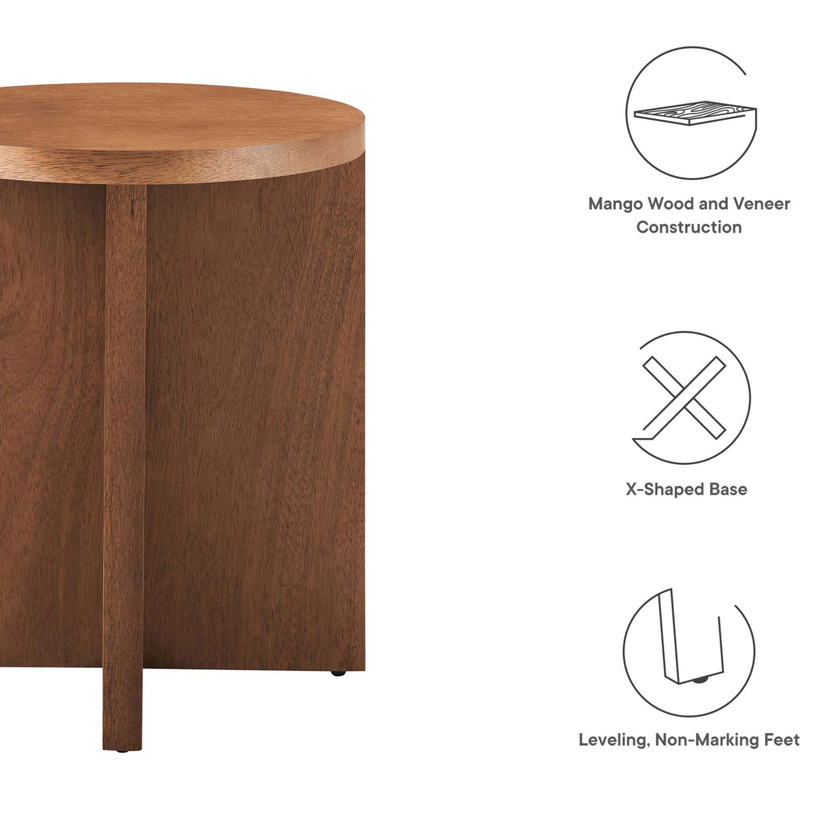 Walnut side table with icons highlighting mango wood construction, X-shaped base, and leveling feet || EEI-6579-WAL || callout_studio