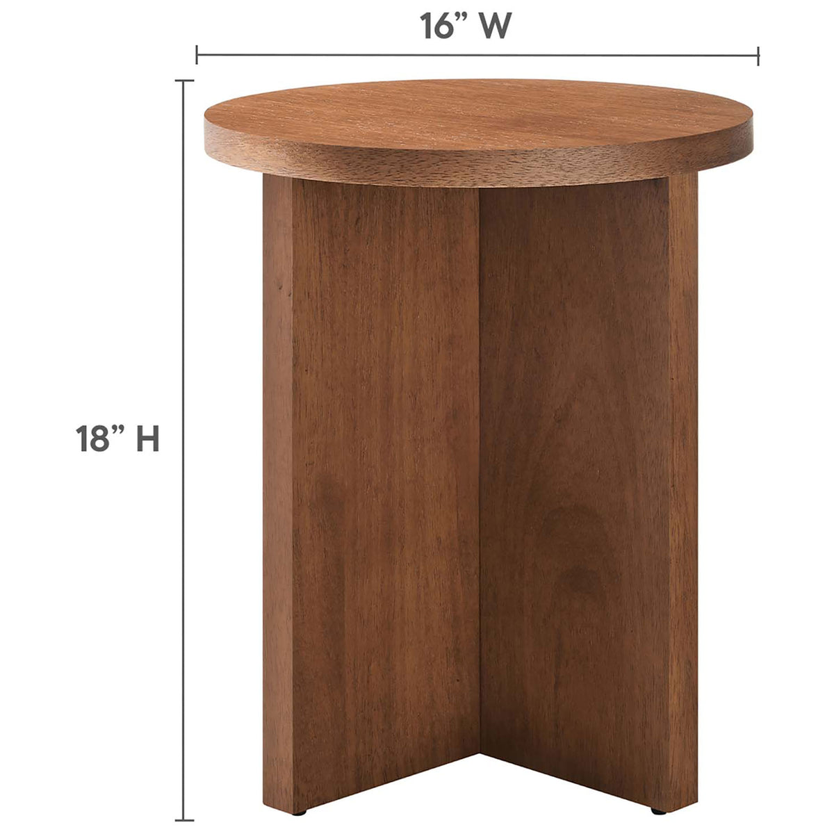Walnut side table with labeled measurements showing its 16 inch width and 18 inch height || EEI-6579-WAL || dimension_studio