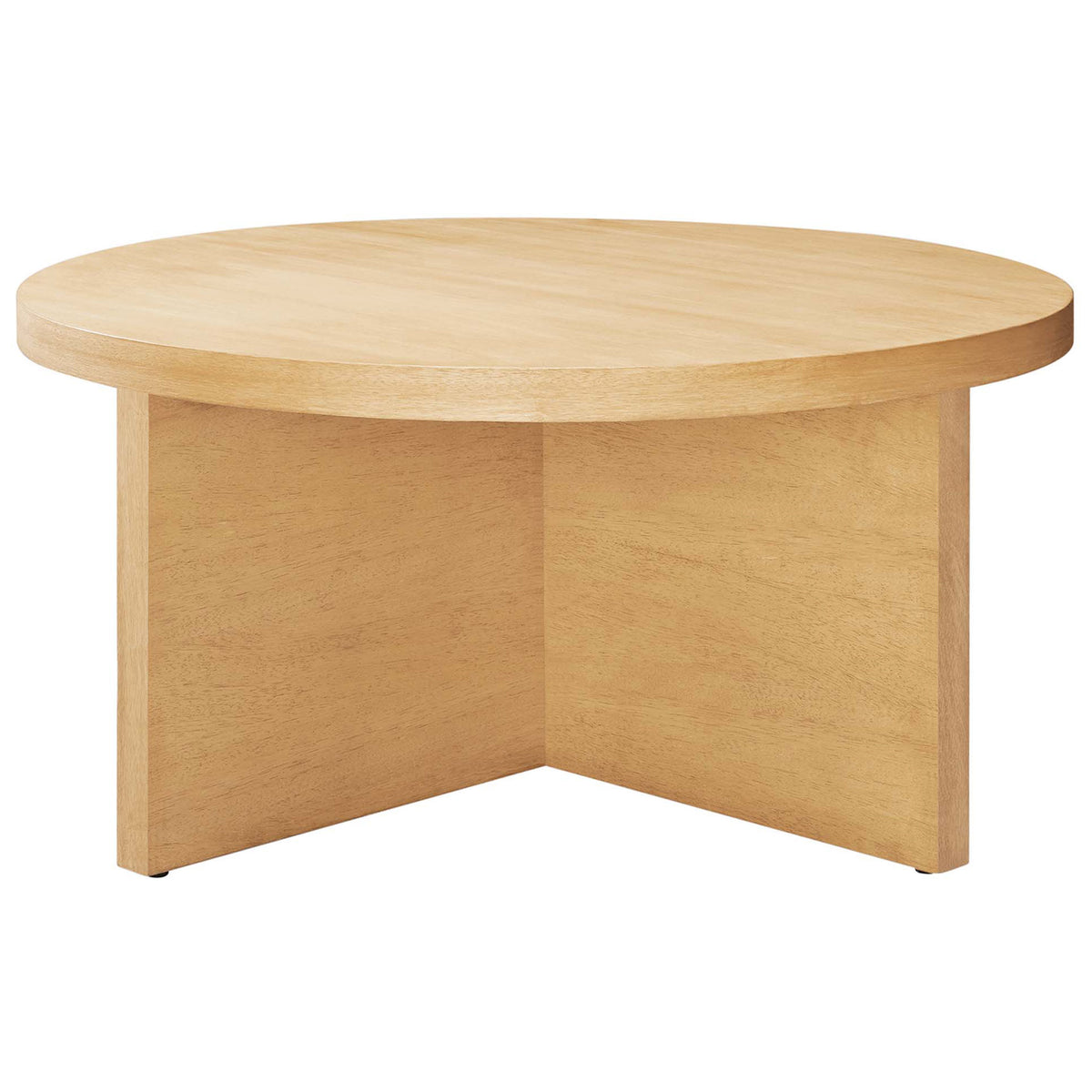 Round mango wood coffee table with smooth top and a bold intersecting base || EEI-6580-NAT || front_angle_studio
