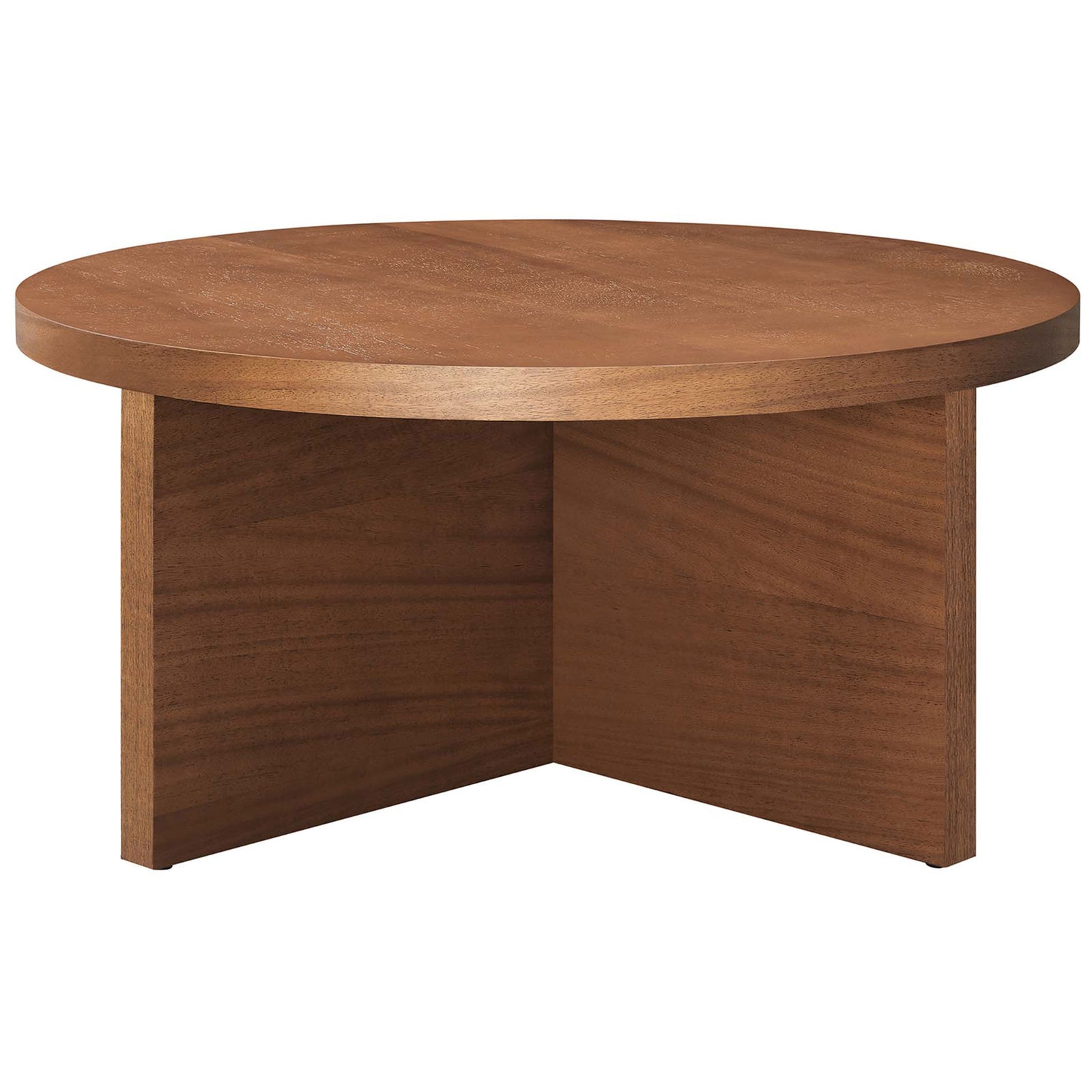 Round walnut coffee table with a thick top and bold intersecting base in solid mango wood || EEI-6580-WAL || front_angle_studio