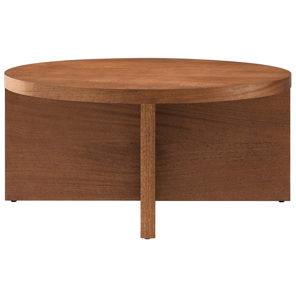 Clean-lined round coffee table showcasing a rich walnut finish and sturdy central support || EEI-6580-WAL || front_studio