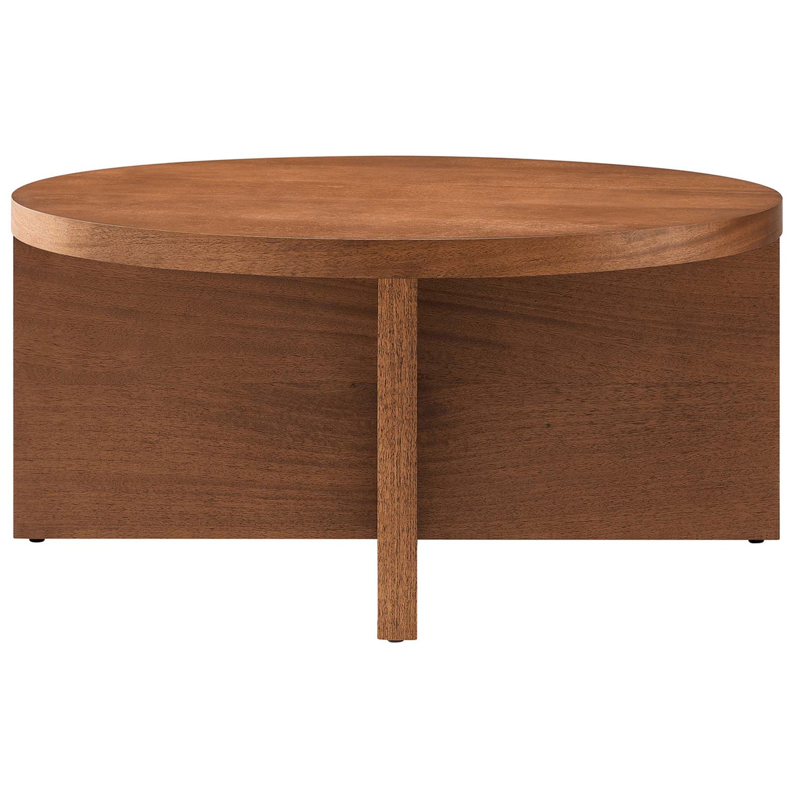 Clean-lined round coffee table showcasing a rich walnut finish and sturdy central support || EEI-6580-WAL || front_studio