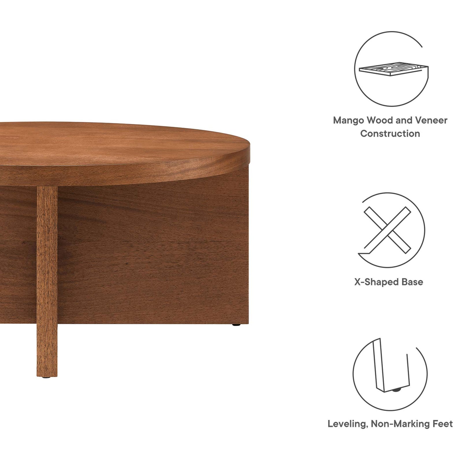 Mango wood construction with X-shaped base and leveling non-marking feet for everyday use || EEI-6580-WAL || callout_studio