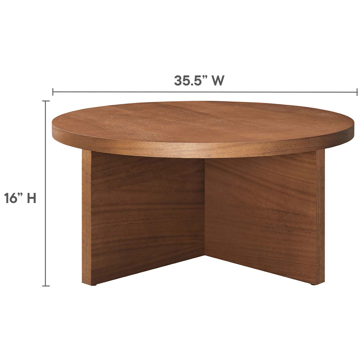 Low-profile round coffee table stands 16 inches high with a broad 35.5 inch surface || EEI-6580-WAL || dimension_studio