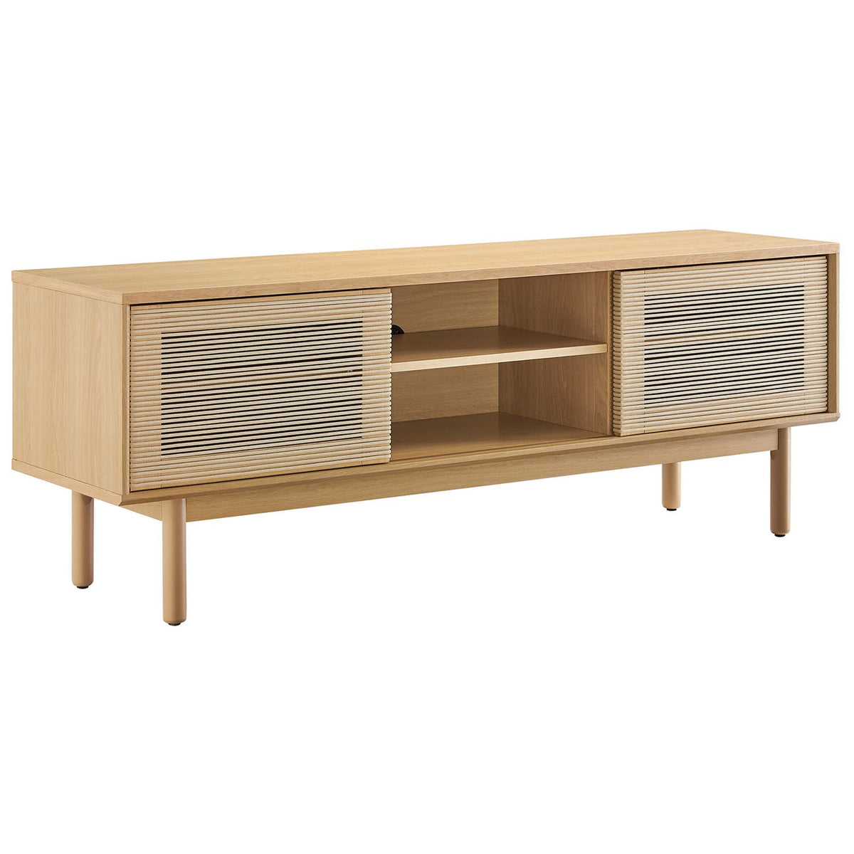 Minimalist Milo 59 inch oak tan TV stand with open center shelf and airy raised profile on round legs || EEI-6584-OAK-TAN || front_angle_open_studio