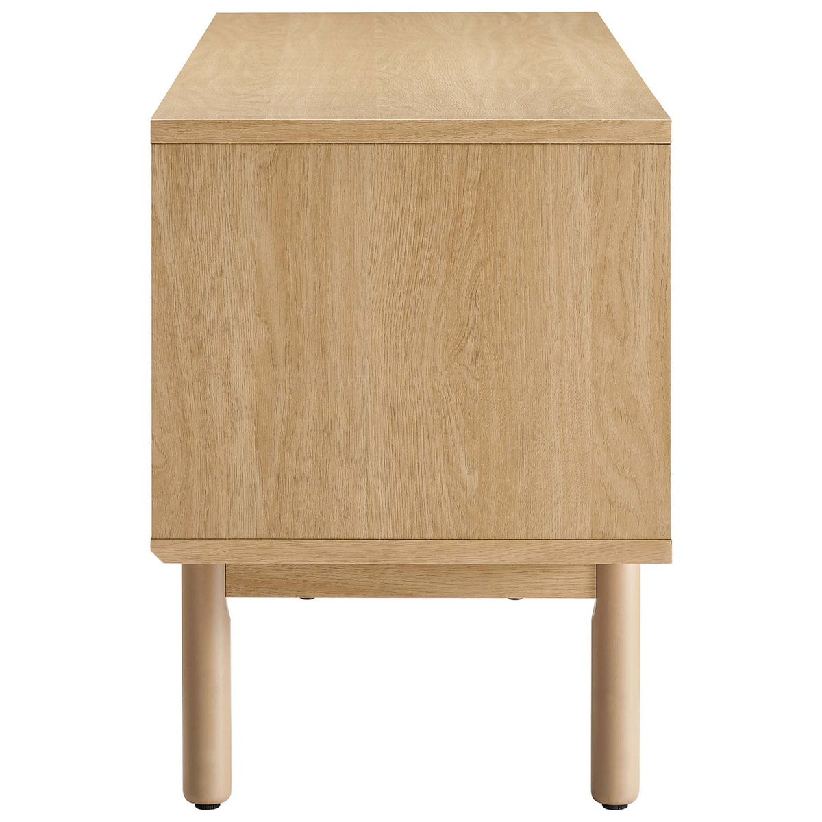 Oak tan Milo TV stand side profile highlighting slim depth, smooth wood grain, and rounded legs || EEI-6584-OAK-TAN || side_studio