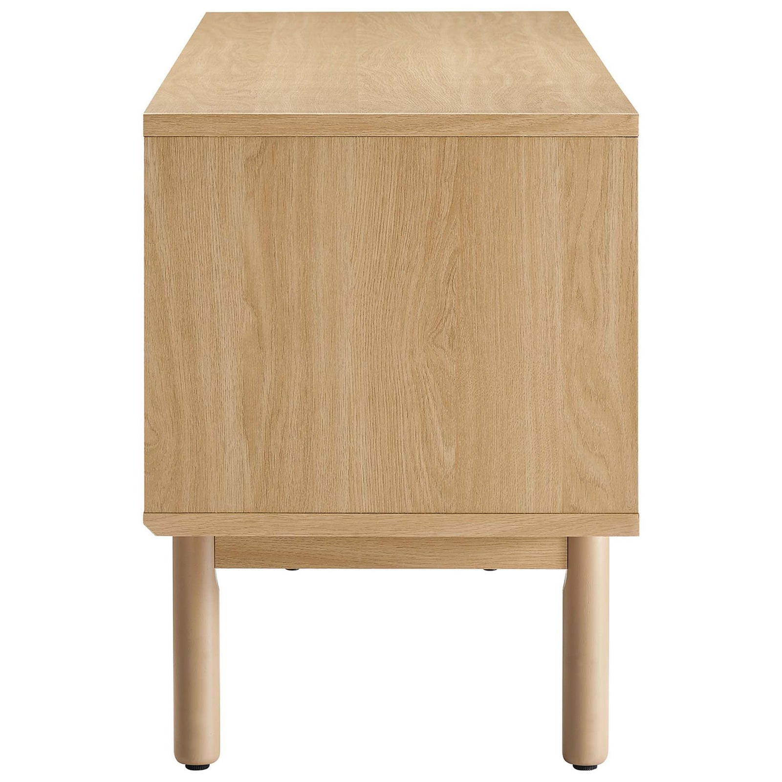 Oak tan Milo TV stand side profile highlighting slim depth, smooth wood grain, and rounded legs || EEI-6584-OAK-TAN || side_studio
