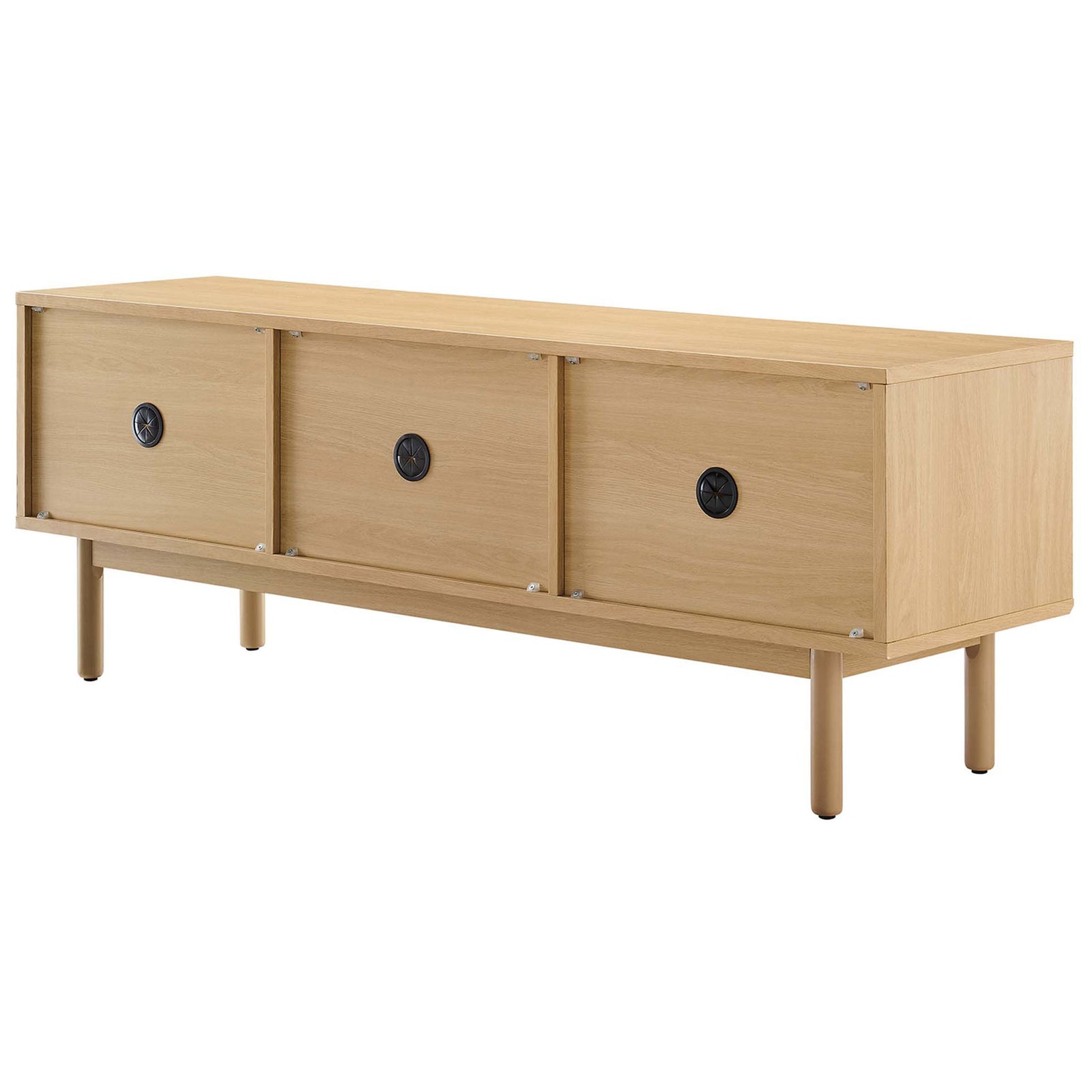 Back of Milo TV stand with wood grain panel and three circular cable management openings for media cords || EEI-6584-OAK-TAN || back_studio