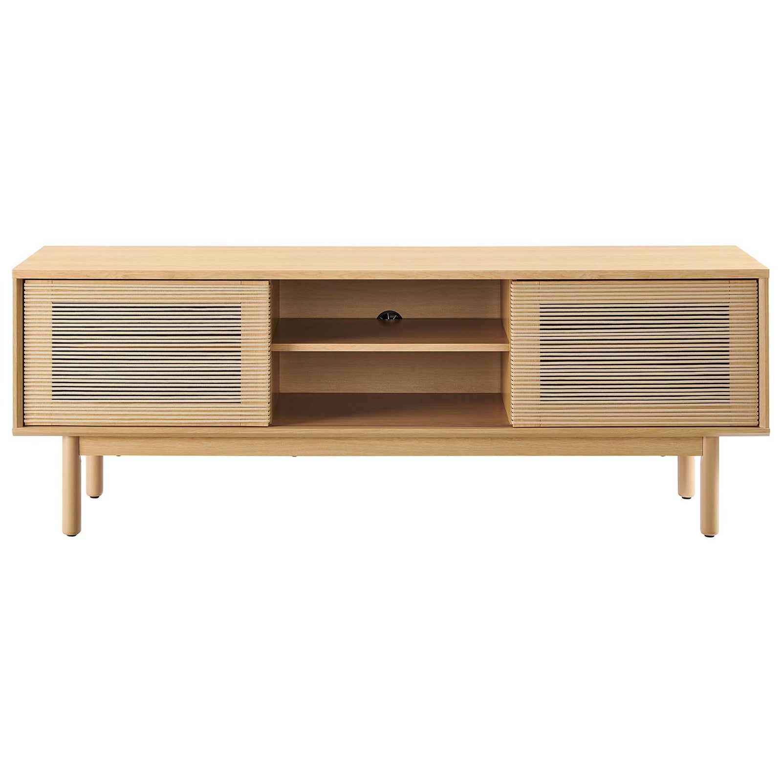 Milo 59 inch oak tan TV stand with woven rope sliding doors, open center shelves, and slender round legs || EEI-6584-OAK-TAN || front_open_studio