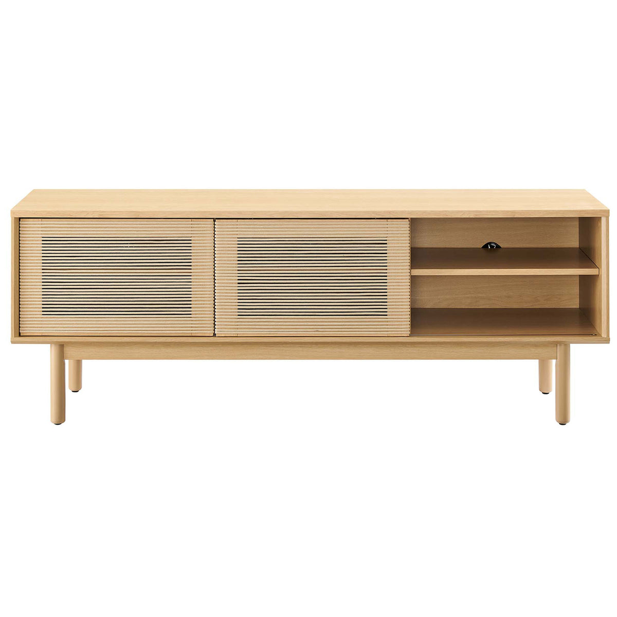 Oak tan Milo TV stand showing left storage cubbies open with rope front doors stacked to the right || EEI-6584-OAK-TAN || front_open_studio