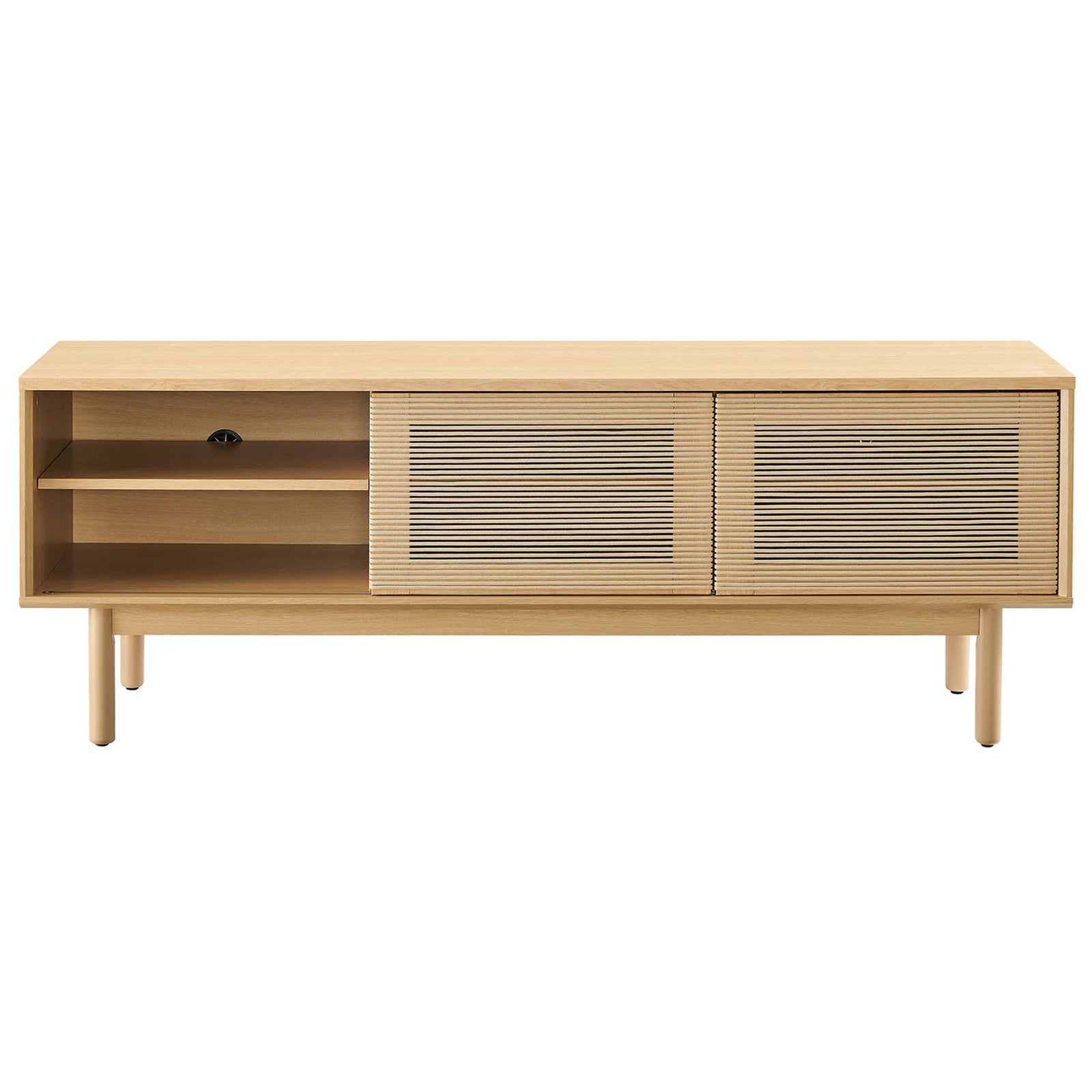 Milo 59 inch TV stand in oak tan with woven rope doors gliding left to reveal right side shelving || EEI-6584-OAK-TAN || front_open_studio
