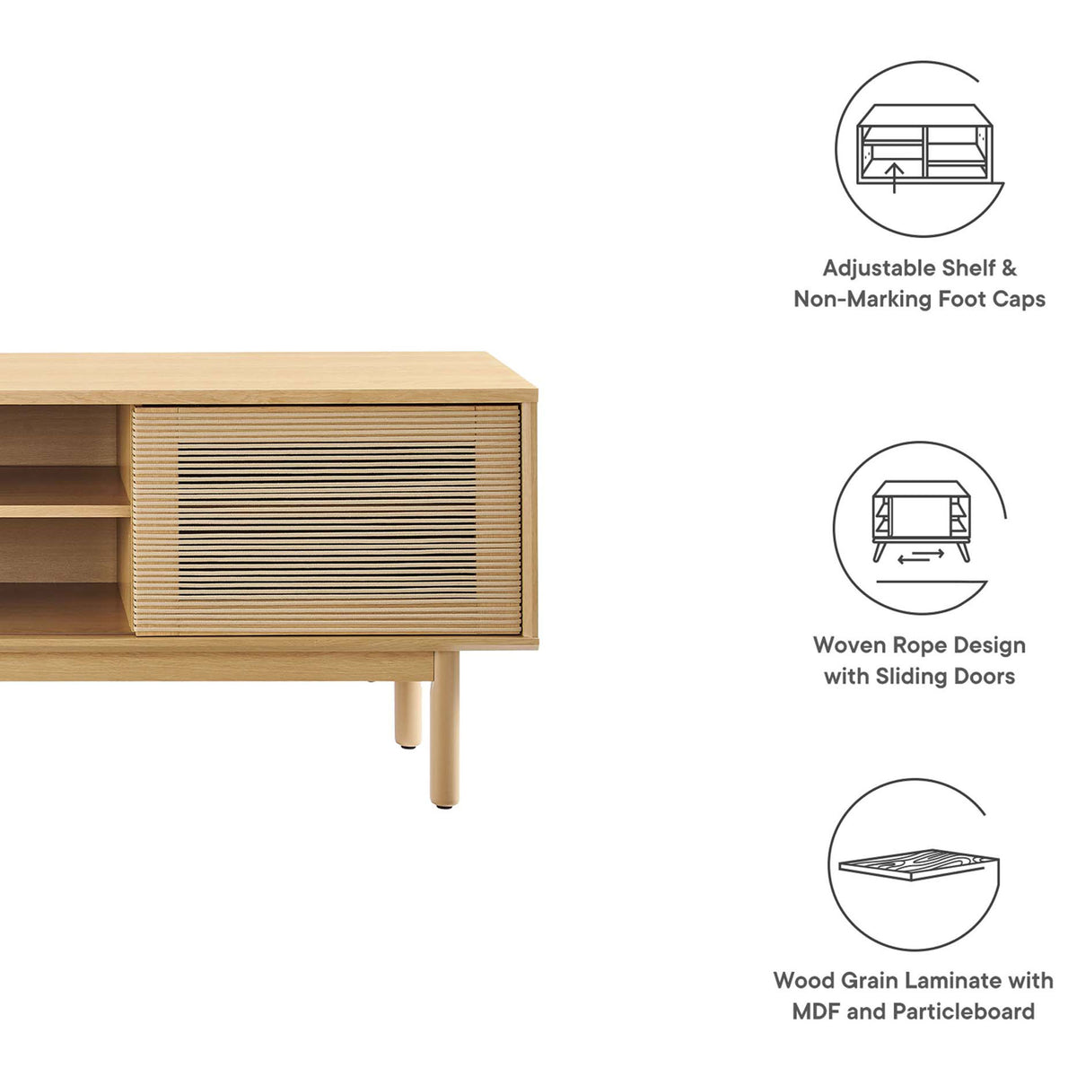 Milo TV stand with icons highlighting adjustable shelf, woven rope sliding doors, and wood grain laminate construction || EEI-6584-OAK-TAN || callout_studio