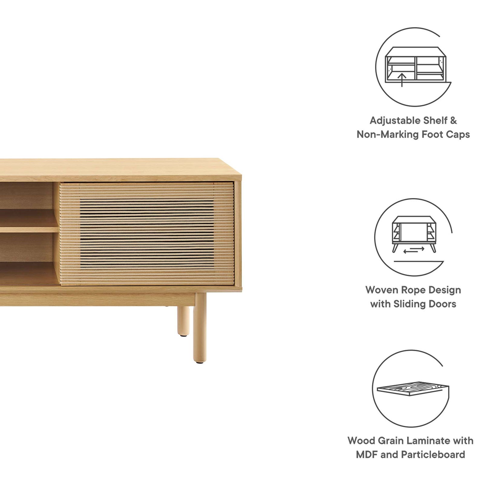 Milo TV stand with icons highlighting adjustable shelf, woven rope sliding doors, and wood grain laminate construction || EEI-6584-OAK-TAN || callout_studio
