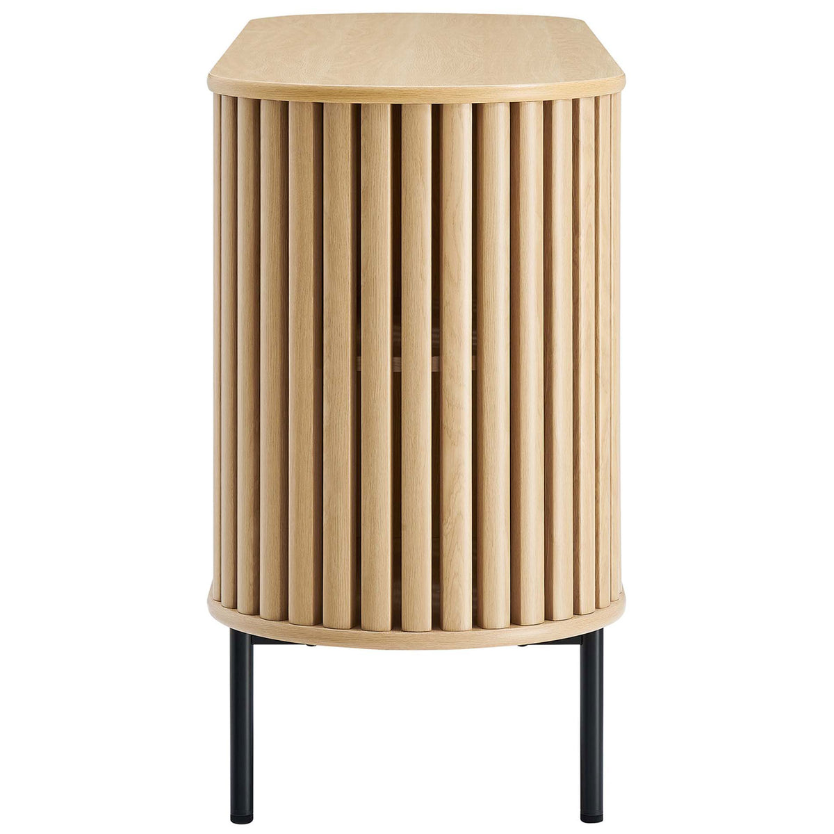 Oval oak sideboard showcasing rounded corners and full-length slatted doors on sleek black legs. || EEI-6590-OAK || side_studio