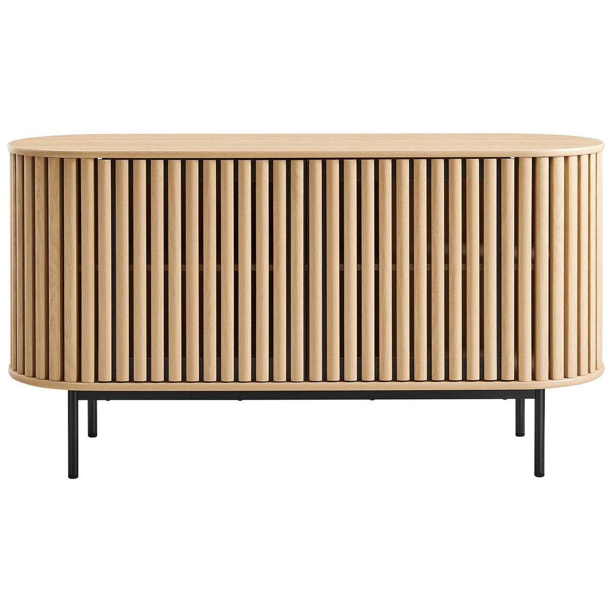 Fortitude 59 inch oval oak sideboard with seamless vertical slats and streamlined silhouette. || EEI-6590-OAK || front_studio