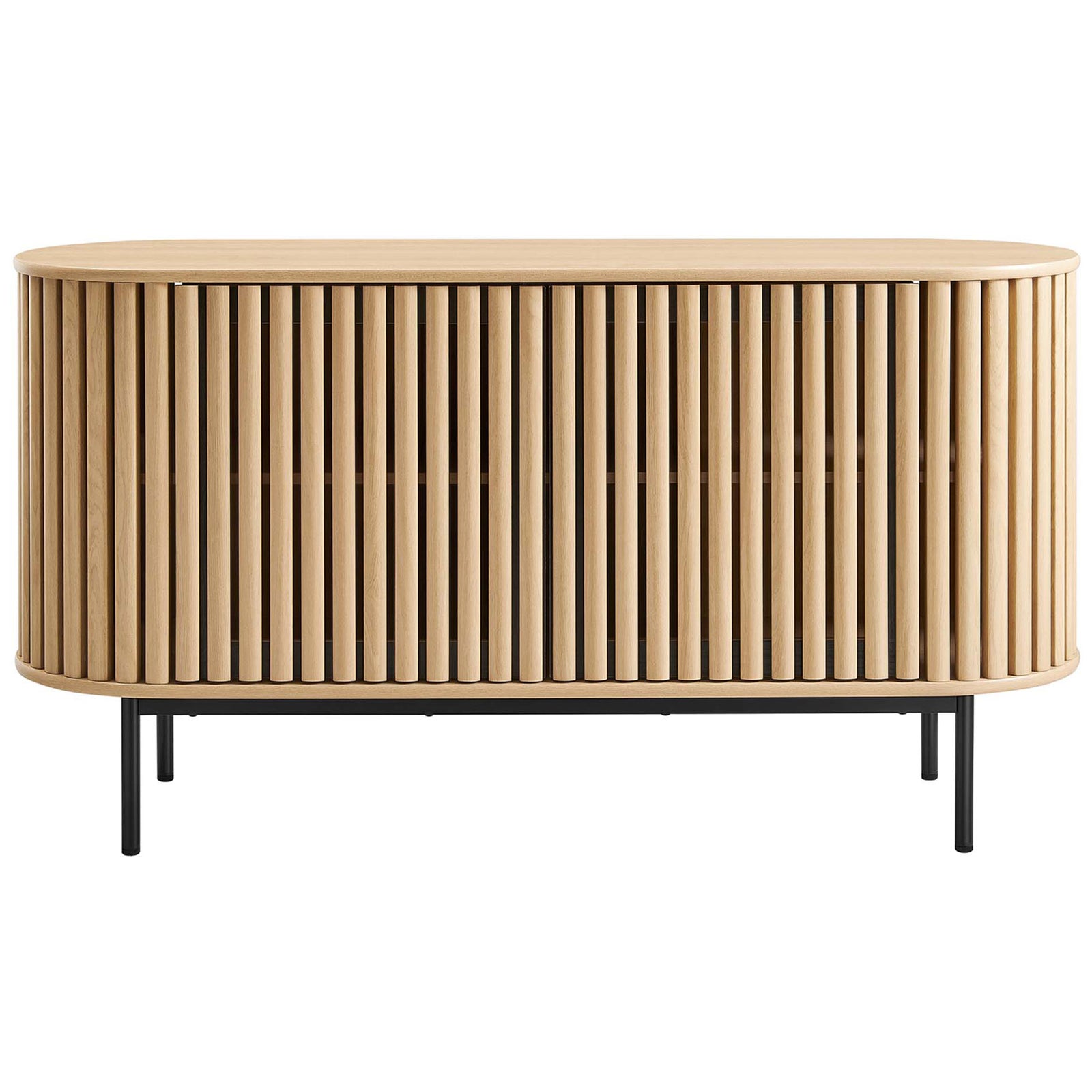 Fortitude 59 inch oval oak sideboard with seamless vertical slats and streamlined silhouette. || EEI-6590-OAK || front_studio