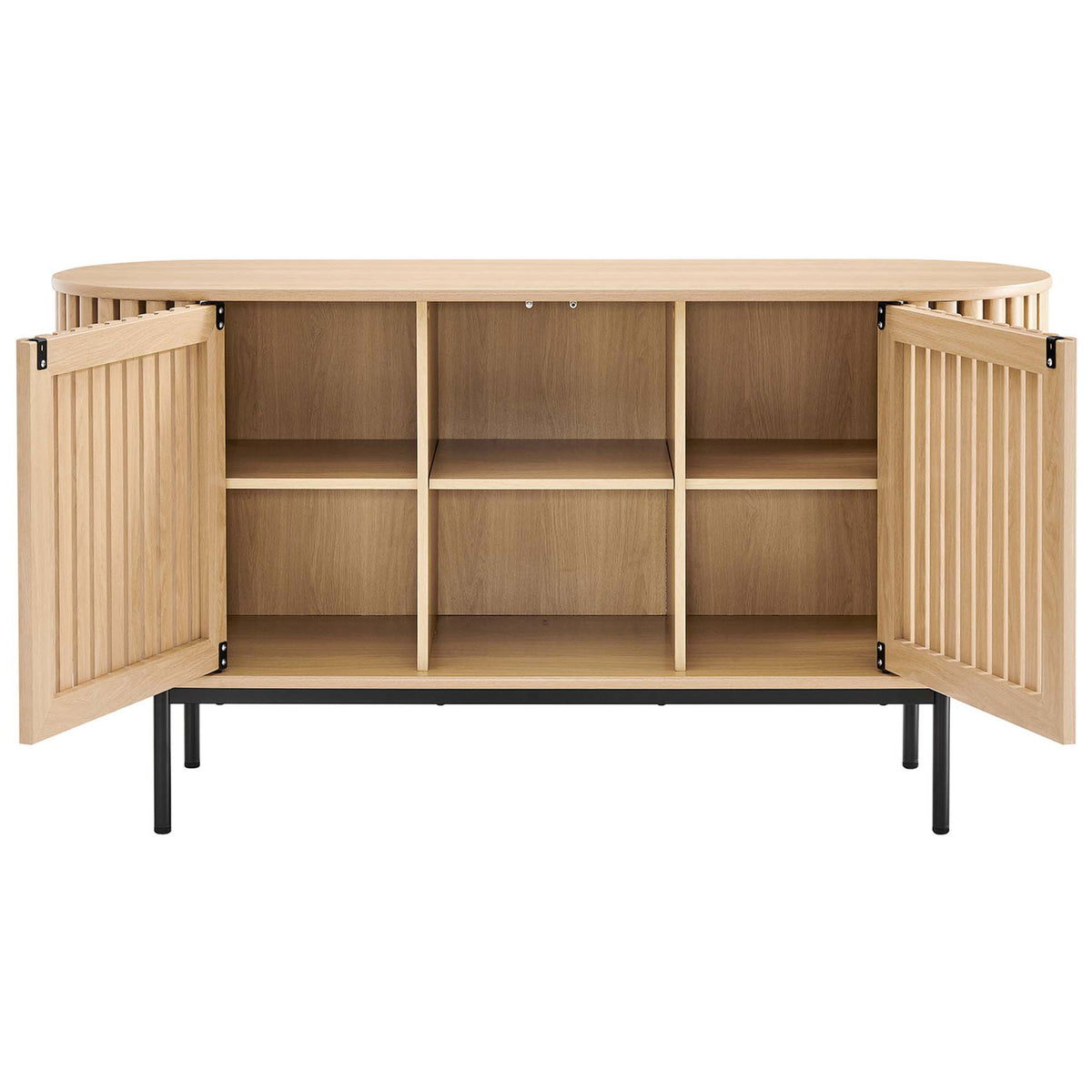 Fortitude sideboard with both doors open revealing six spacious oak storage cubbies for serveware. || EEI-6590-OAK || front_open_studio