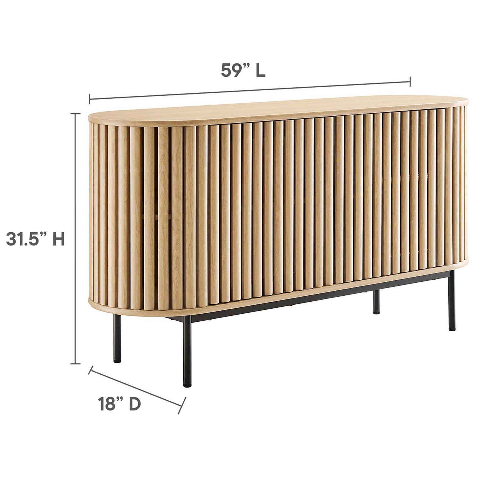 Dimension diagram of Fortitude 59 inch oval sideboard with height, length, and depth labeled. || EEI-6590-OAK || dimension_studio