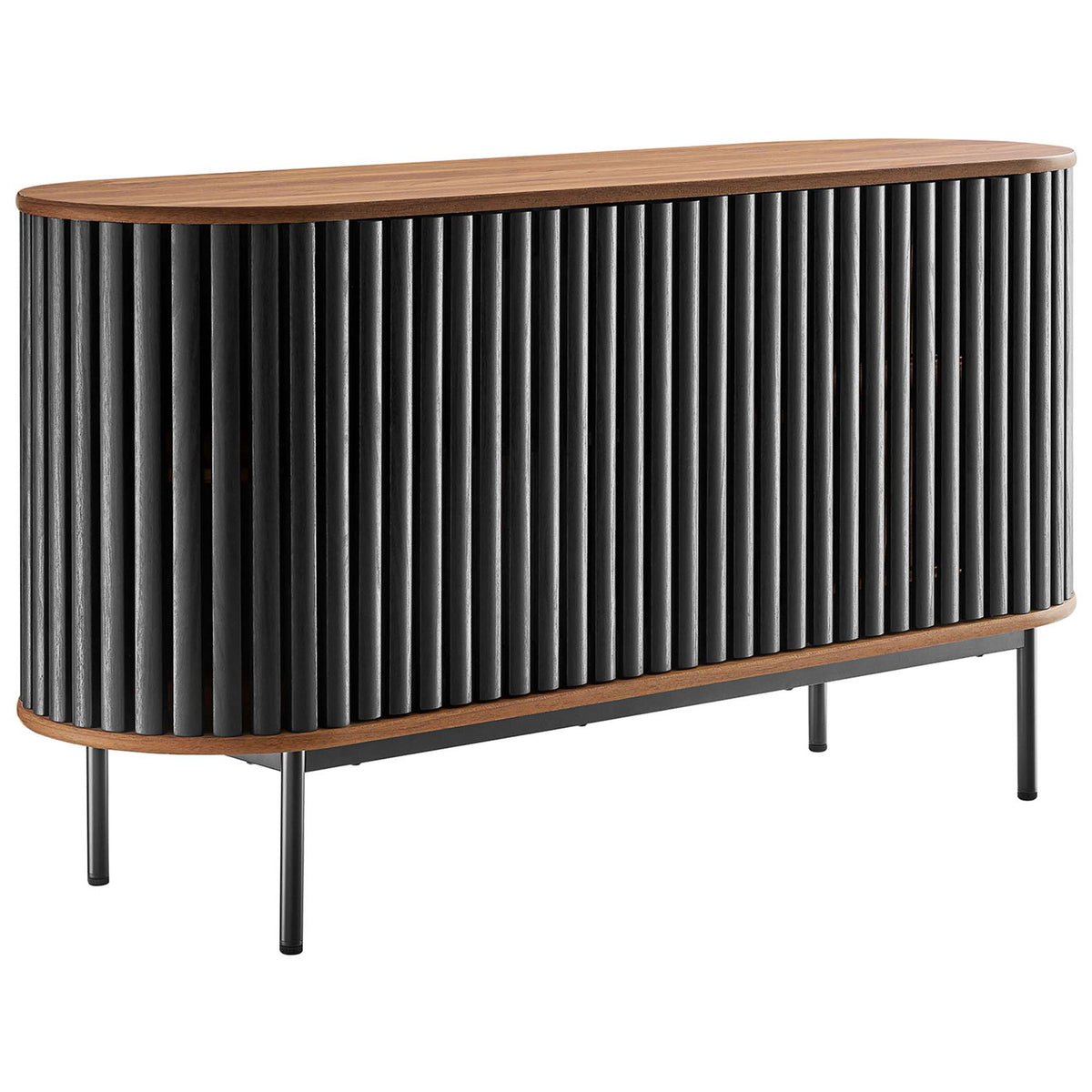 Oval walnut sideboard with black slatted facade and slim metal legs for modern storage. || EEI-6590-WAL-BLK || front_angle_studio