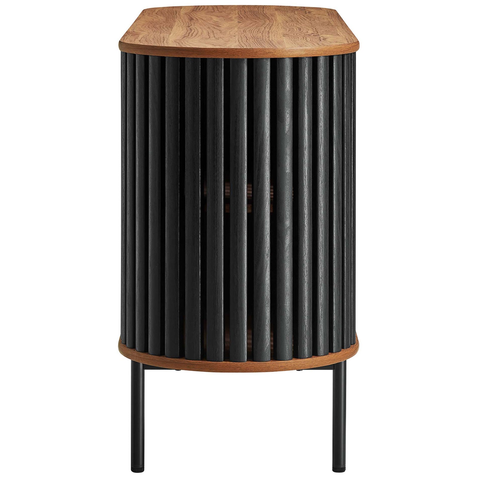 Streamlined oval sideboard showcasing slim profile, black slats, and warm walnut wood grain. || EEI-6590-WAL-BLK || side_studio