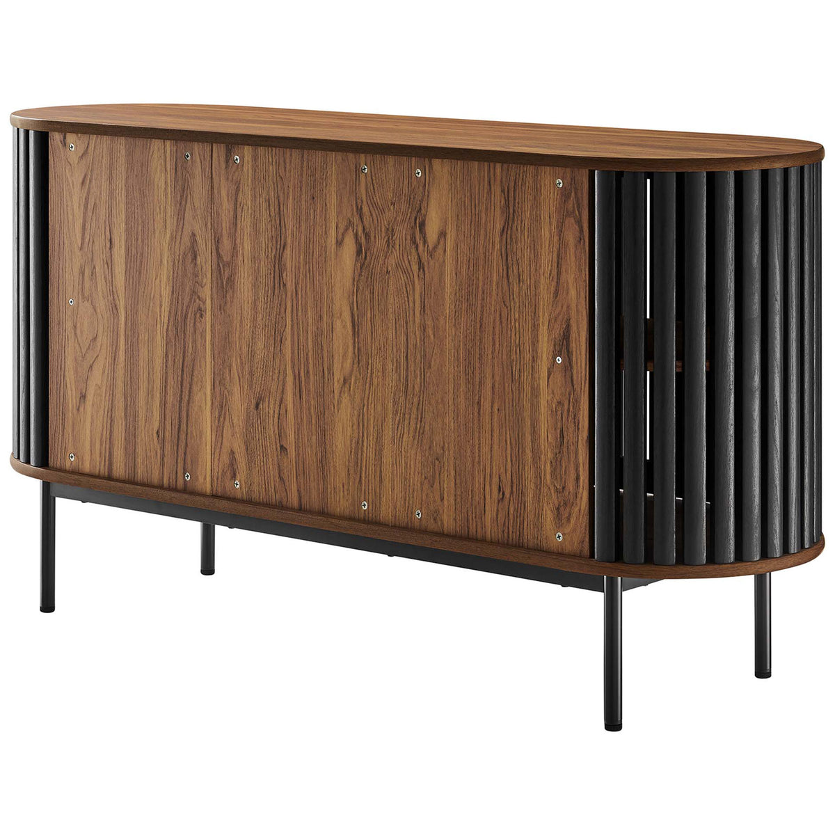 Walnut sideboard features smooth wood-grain back panel and gently rounded oval edges. || EEI-6590-WAL-BLK || back_angle_studio