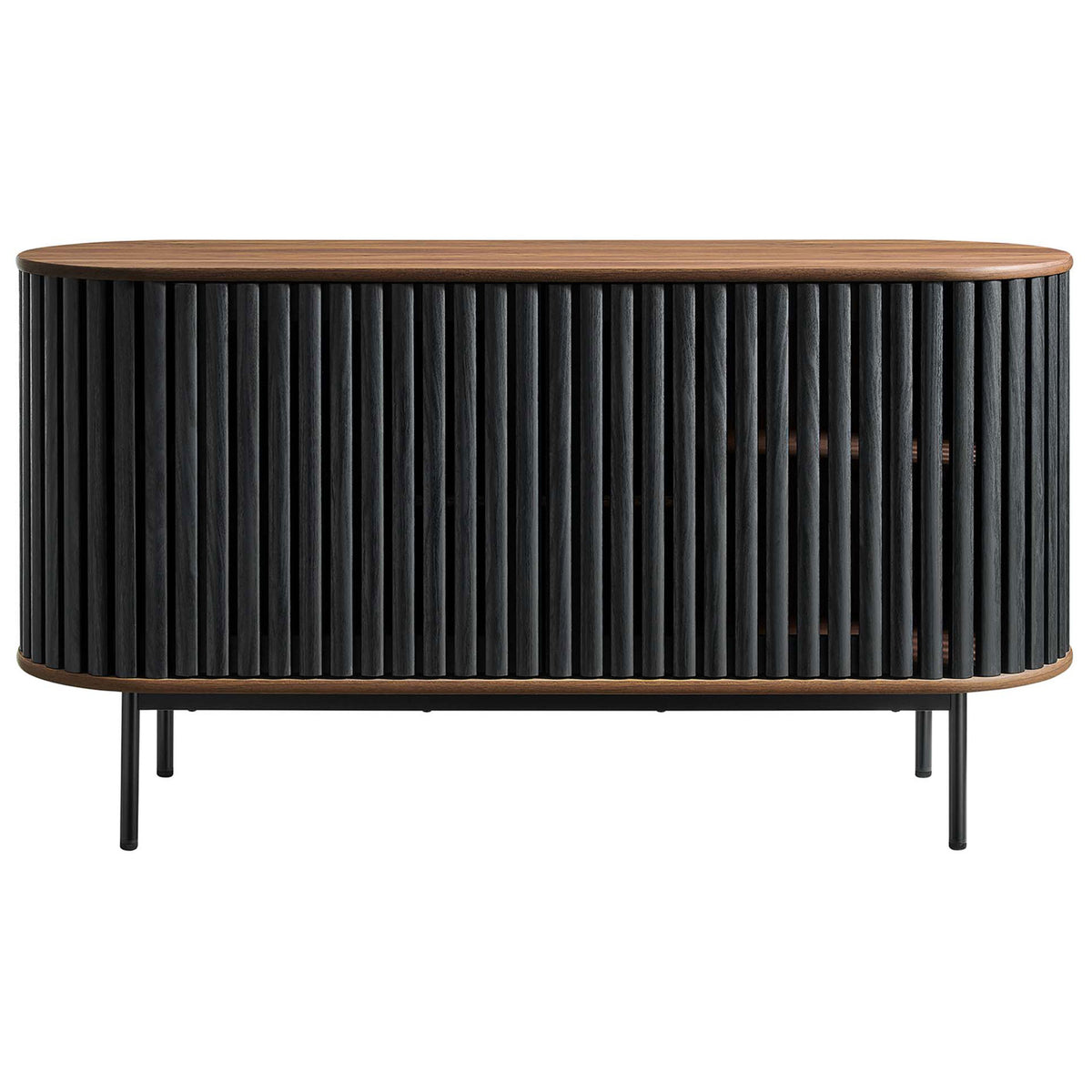 Modern walnut and black sideboard with dramatic vertical slats and slim metal legs for versatile storage. || EEI-6590-WAL-BLK || front_studio