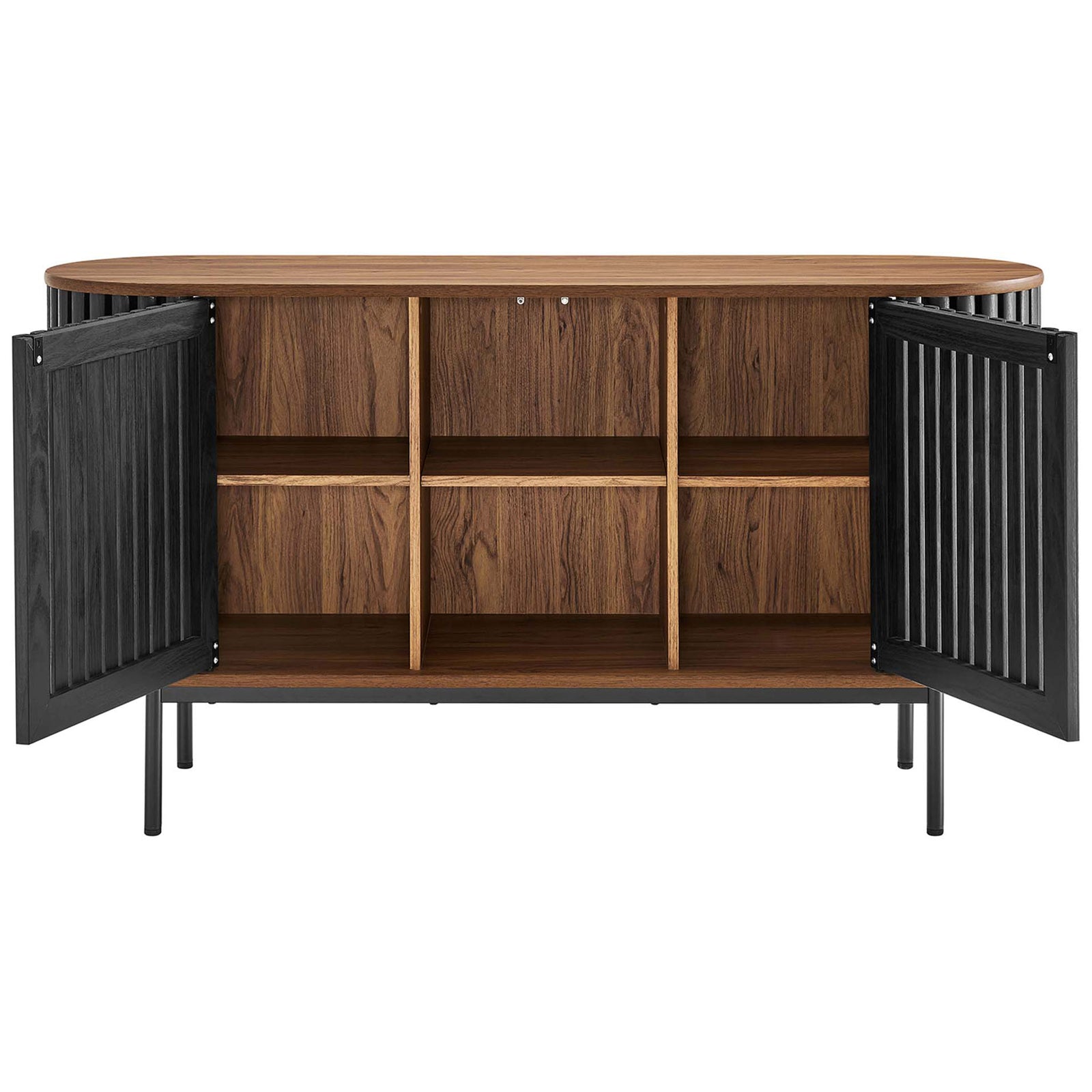 Walnut and black sideboard with two doors open to reveal six spacious shelves for organized storage. || EEI-6590-WAL-BLK || front_open_studio