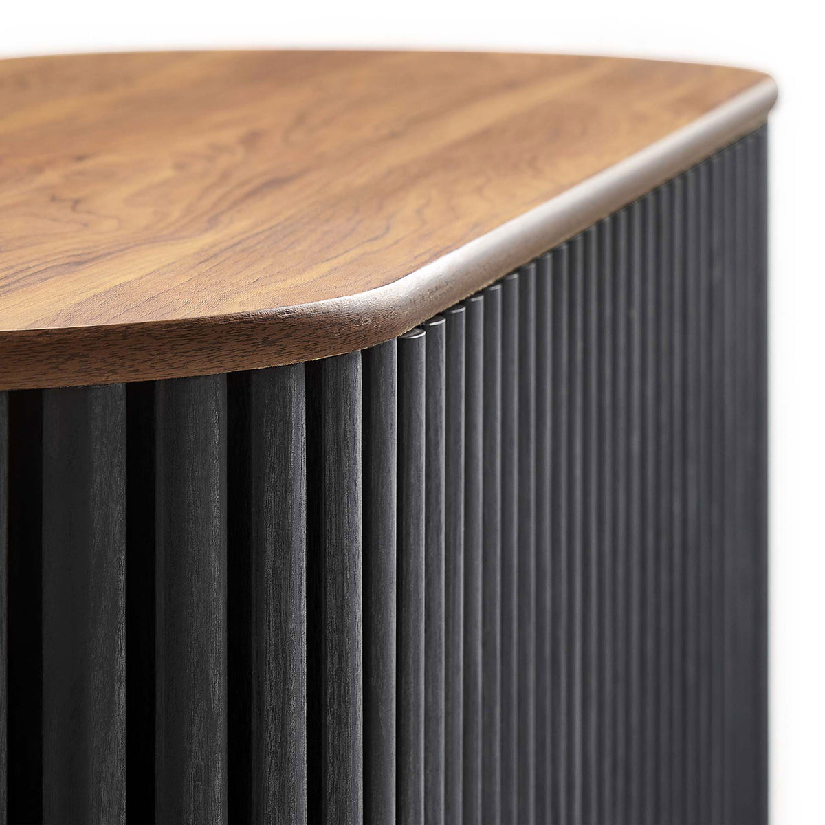 Detail of rounded walnut top and textured black slatted cabinetry for a refined look. || EEI-6590-WAL-BLK || detail_studio