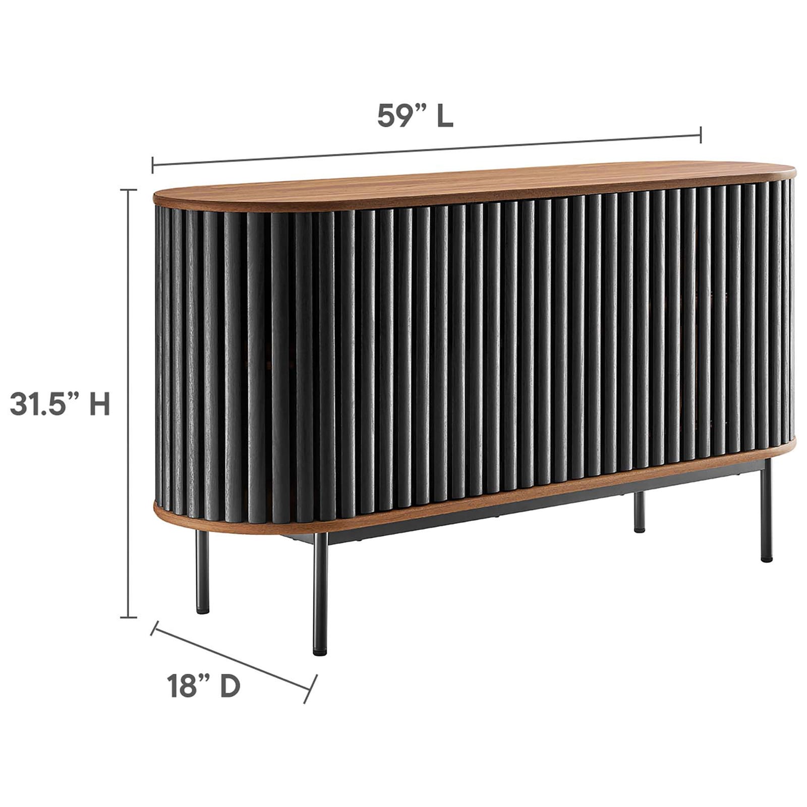 Dimension diagram of the Fortitude oval sideboard showing overall length, height, and depth measurements. || EEI-6590-WAL-BLK || dimension_studio