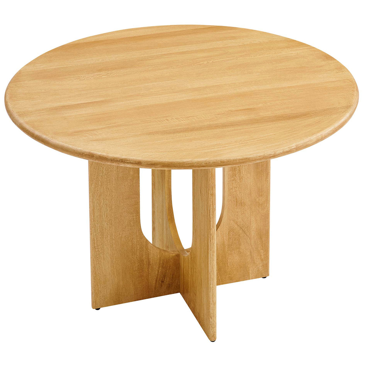 Round oak dining table with smooth mango wood top and sculptural arched pedestal base || EEI-6592-OAK || top_angle_studio