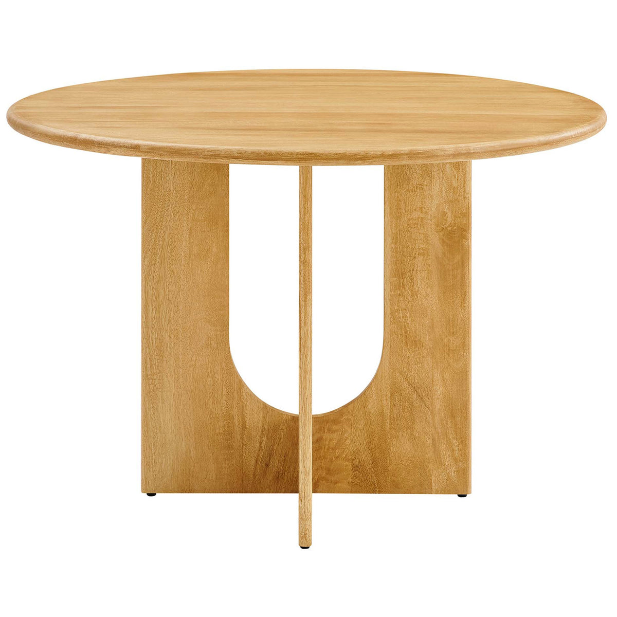 Oak round dining table showcasing a bold intersecting pedestal base for a clean mid-century modern look || EEI-6592-OAK || front_studio