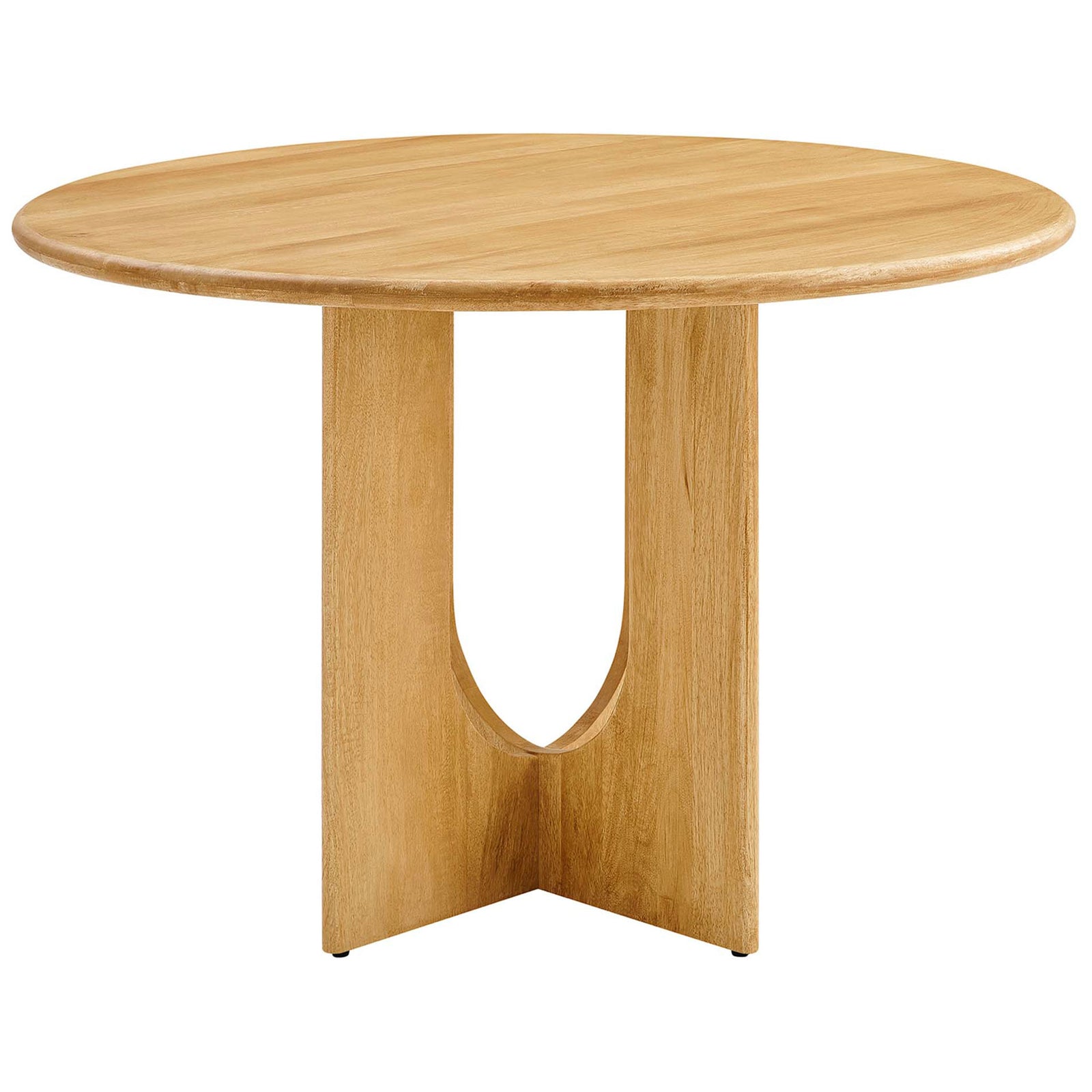 Oak dining table featuring a slender round top, sculpted pedestal base, and warm natural mango wood finish || EEI-6592-OAK || front_angle_studio