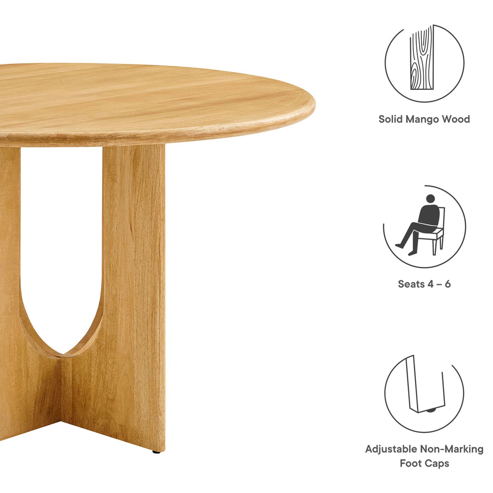 Oak dining table made of solid mango wood, seats four to six, with adjustable non-marking foot caps for stability || EEI-6592-OAK || callout_studio