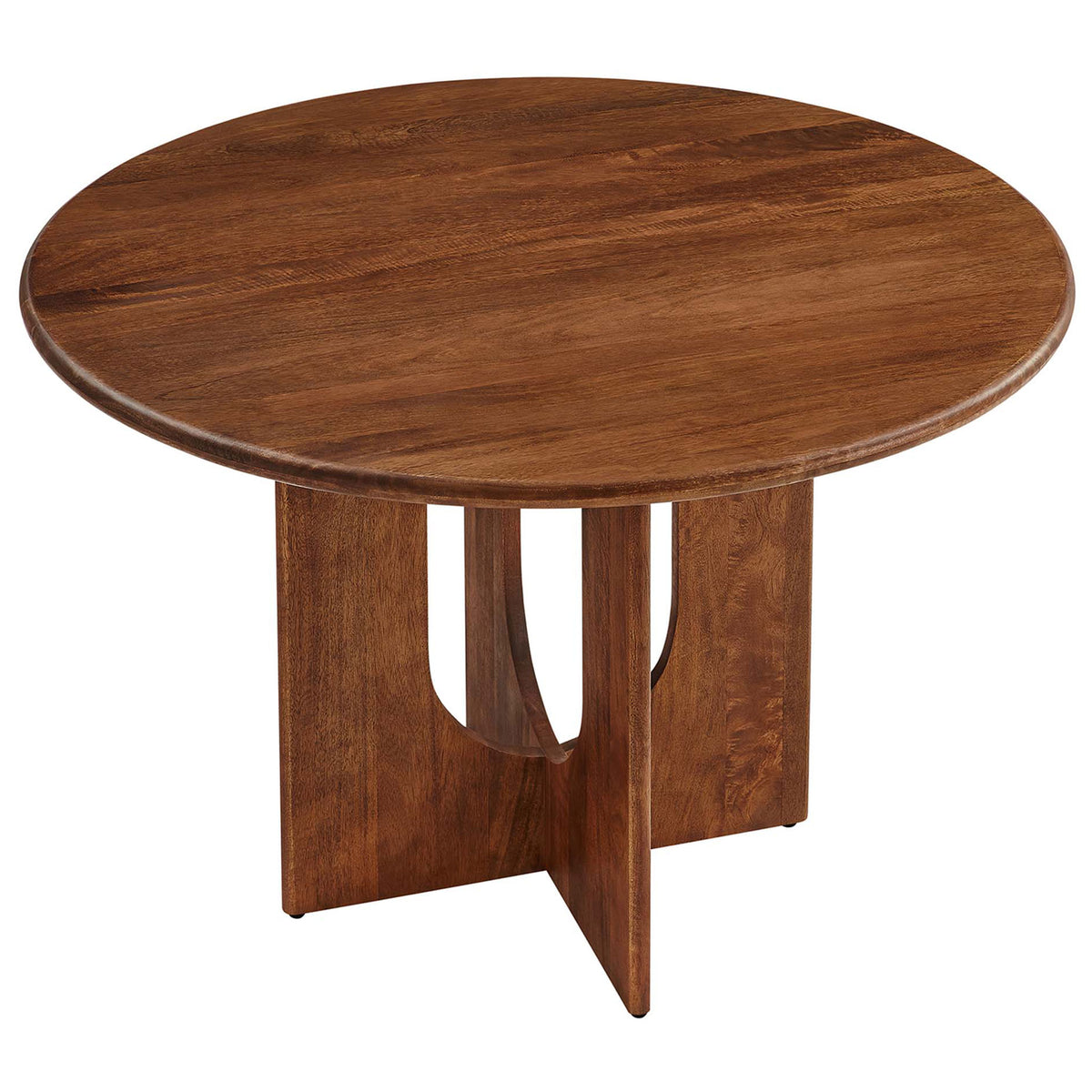 Round walnut dining table with sculptural pedestal base and rich mango wood grain. || EEI-6592-WAL || top_angle_studio