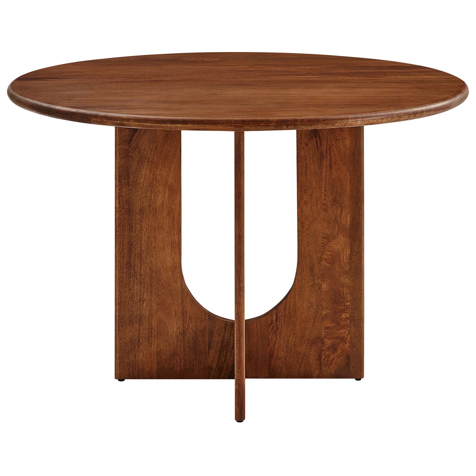 Walnut round dining table showcasing the arched cutout pedestal for a bold modern silhouette. || EEI-6592-WAL || front_studio