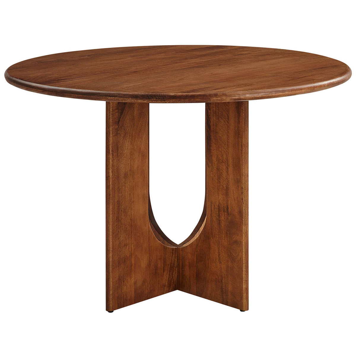 Round wood dining table highlighting the intersecting pedestal panels and smooth beveled edge. || EEI-6592-WAL || front_angle_studio