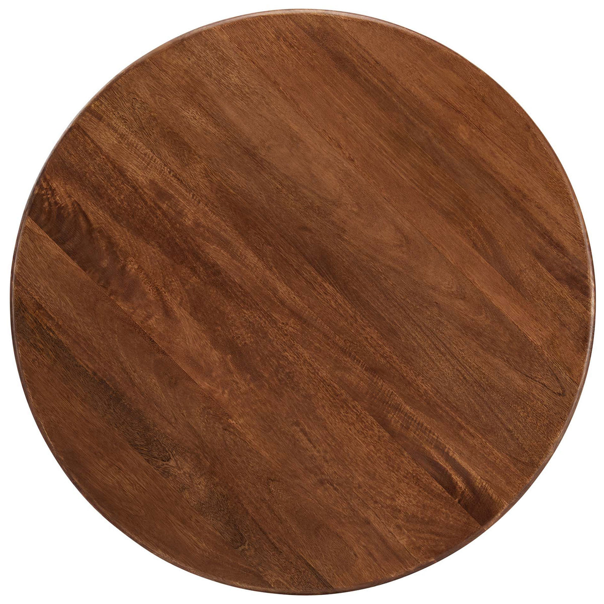 Overhead view of the 48 inch round walnut tabletop with beautifully varied mango wood grain. || EEI-6592-WAL || top_studio