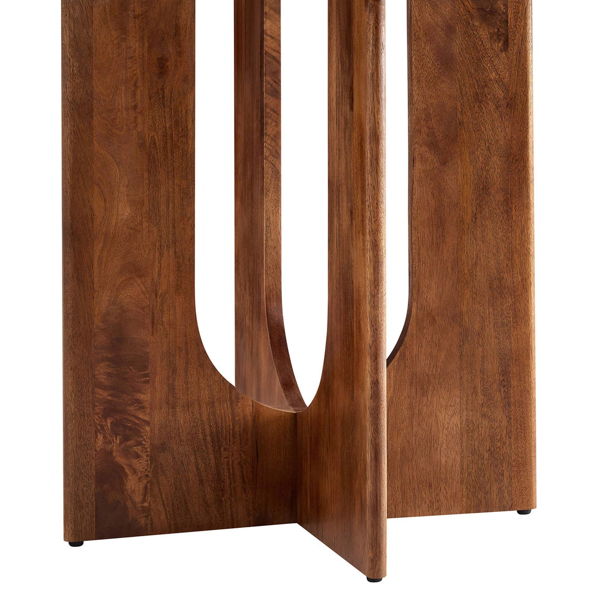 Close up of the sculpted pedestal base with arched cutout detailing and warm walnut finish. || EEI-6592-WAL || leg_studio