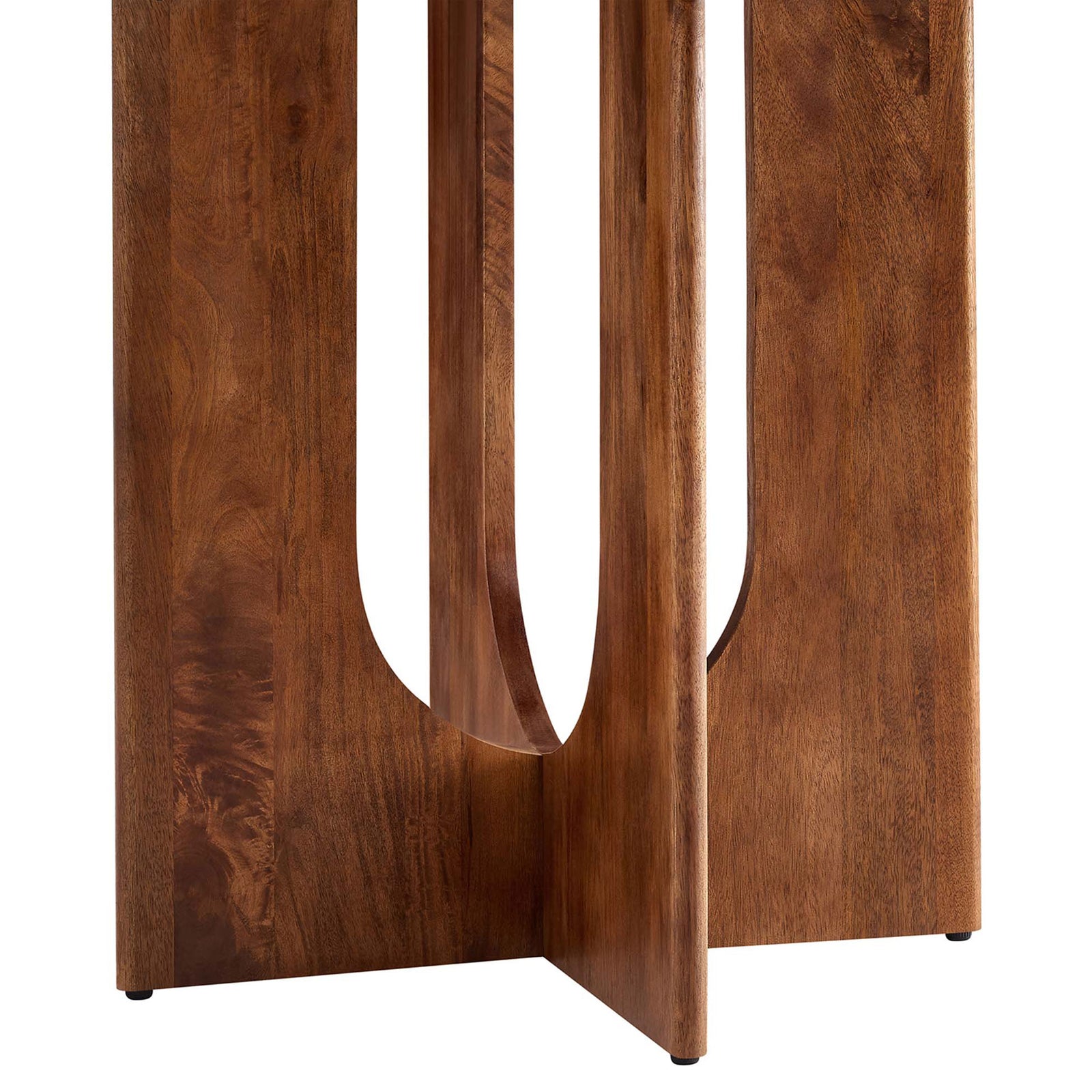 Close up of the sculpted pedestal base with arched cutout detailing and warm walnut finish. || EEI-6592-WAL || leg_studio