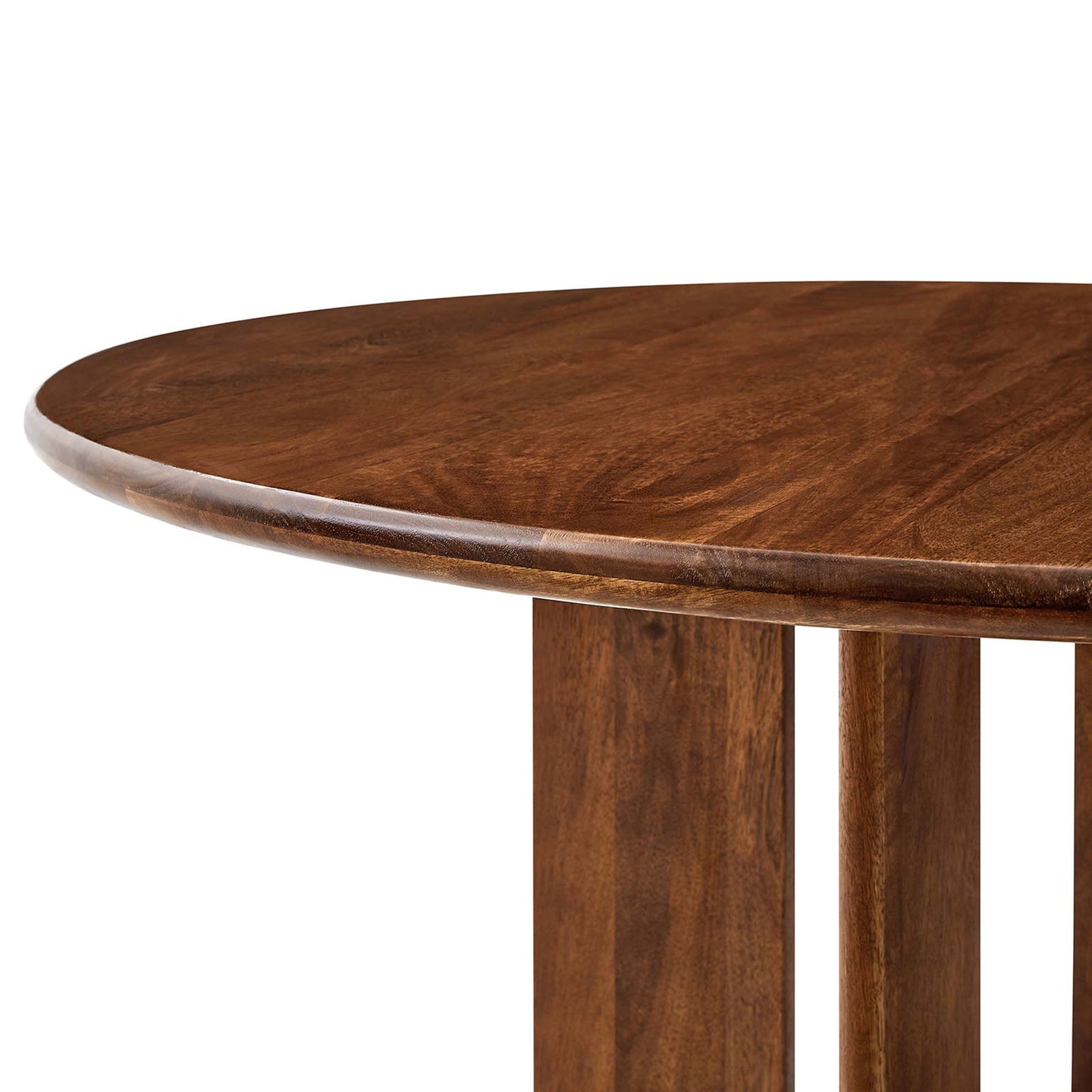 Detail of the rounded tabletop edge and sturdy support column showcasing the table craftsmanship. || EEI-6592-WAL || detail_studio