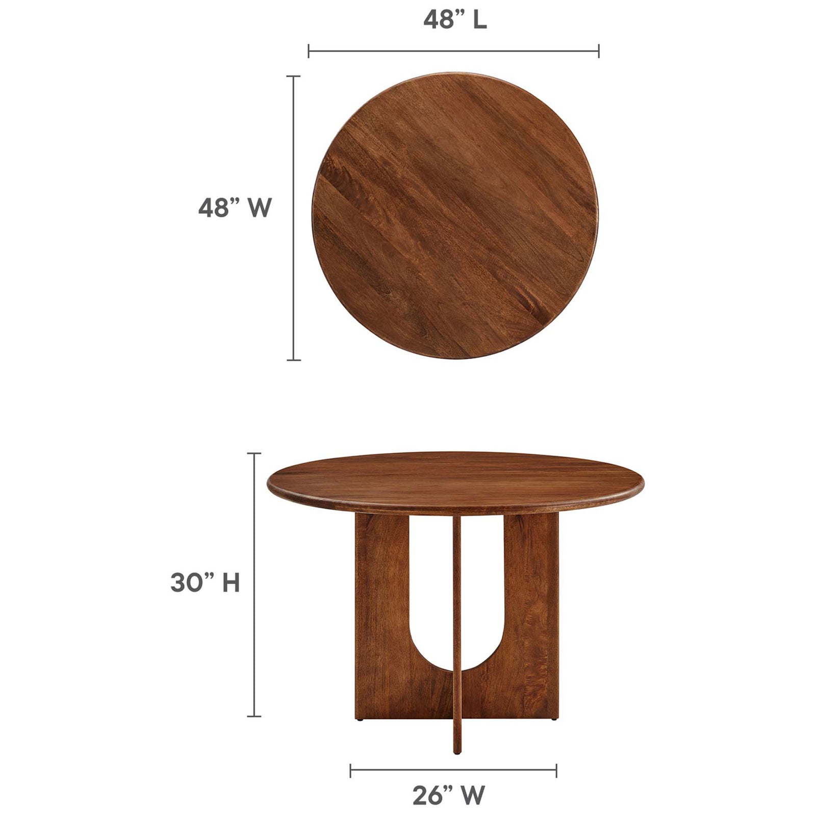 Dimension diagram of the 48 inch round dining table with overall height and base measurements labeled. || EEI-6592-WAL || dimension_studio