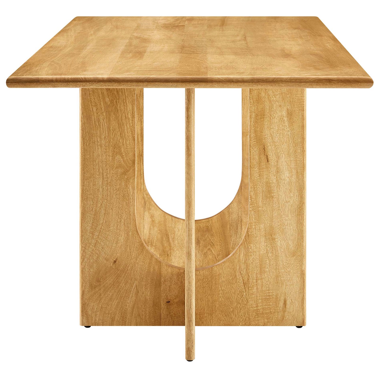 Oak dining table end view highlighting the bold U shaped pedestal base || EEI-6593-OAK || side_studio